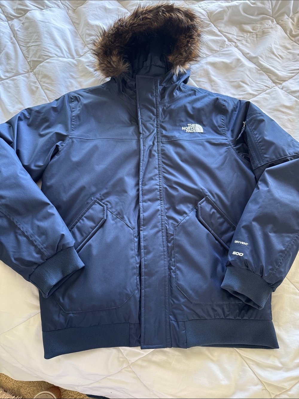 The North Face Navy Hooded Puffer Jacket with Faux-Fur Trim